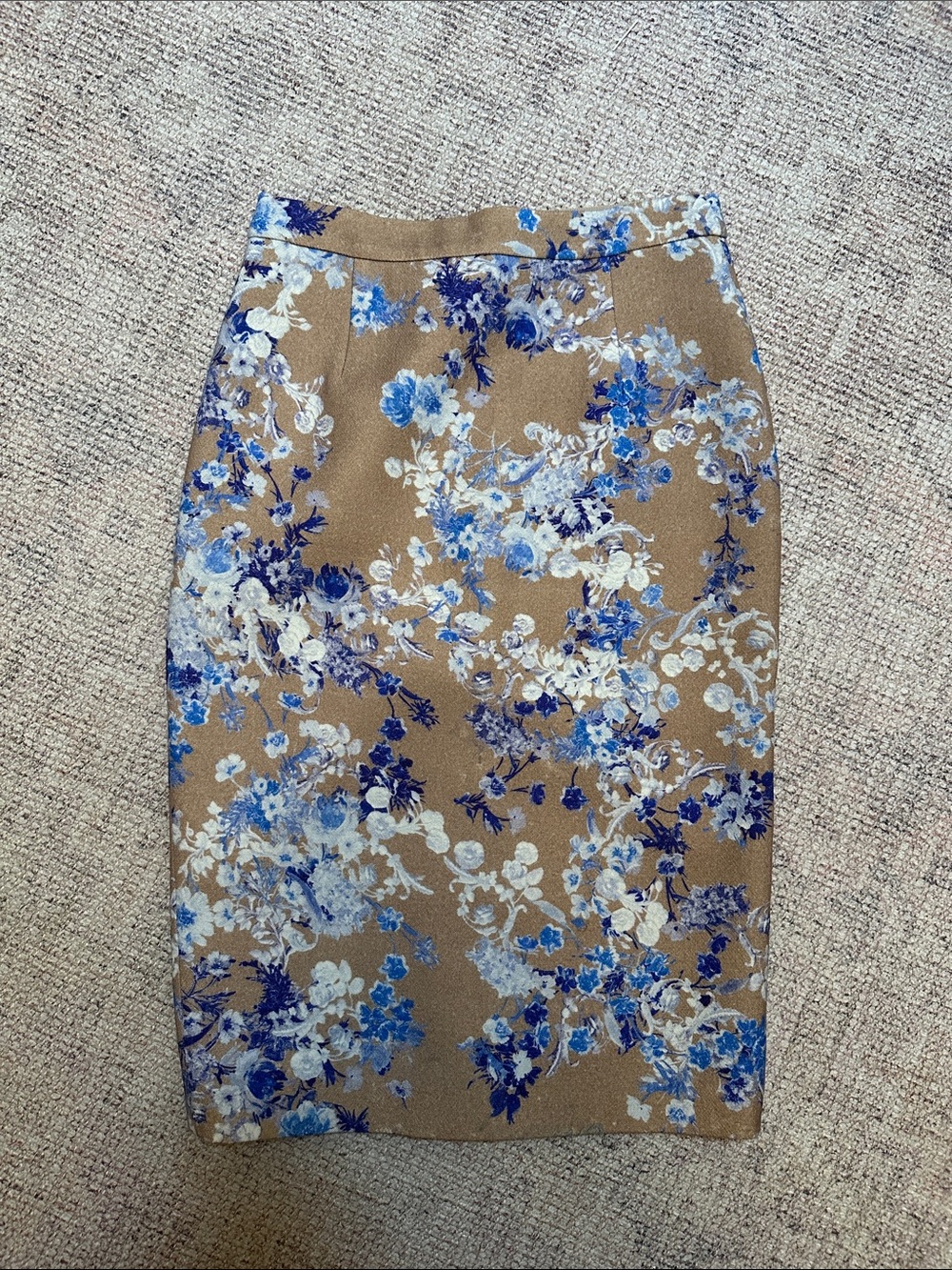 Les Copains Tan Pencil Skirt with Blue and White Floral Print